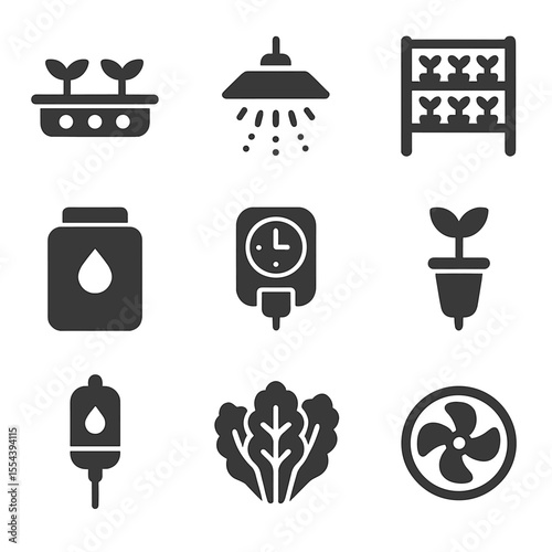 Indoor Farming Icons. Solid, filled icons set of indoor farming with LED lighting: hydroponic tray, LED grow