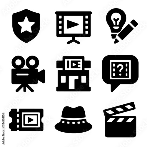 Indie Film Icon Set. Solid, filled icons set of independent film showcases: indie badge, festival screen,