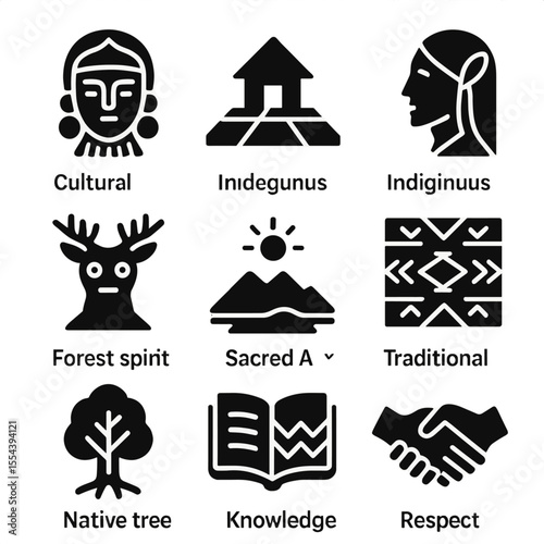 Indigenous Rights Icons. Solid, filled icons set of indigenous and cultural rights: cultural icon, tribal land