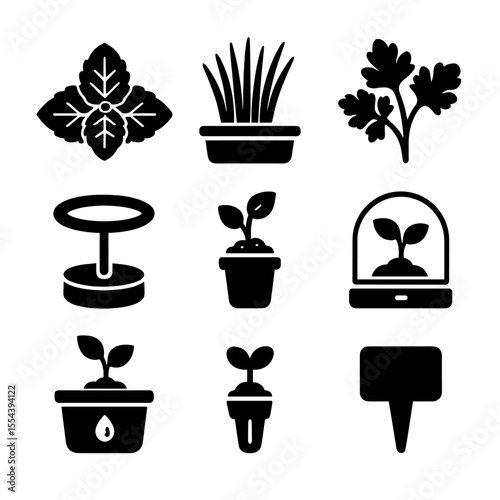 Indoor Herb Garden Icons. Solid, filled icons set of indoor herb gardens: mint plant, chives, parsley,
