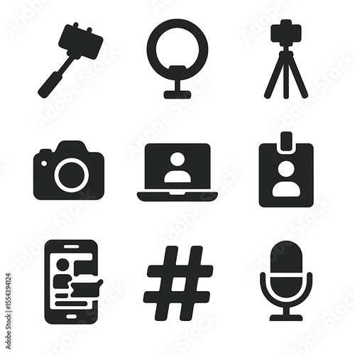Influencer Icon Set. Solid, filled icons set of influencer lifestyle: selfie stick, ring light, tripod, camera