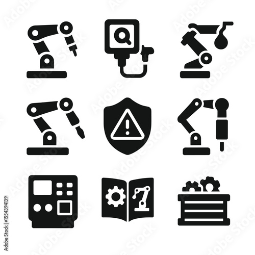 Industrial Robot Icons. Solid, filled icons set of industrial robot mechanics: factory bot, inspection scanner