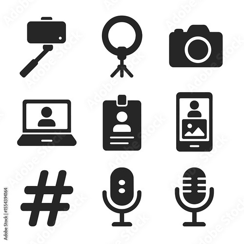 Influencer Icon Set. Solid, filled icons set of influencer lifestyle: selfie stick, ring light, tripod, camera