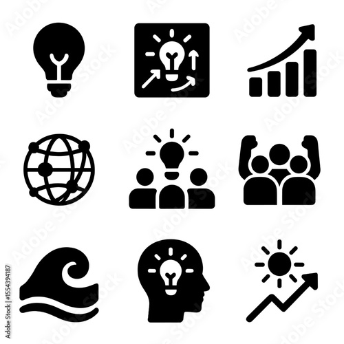 Innovation and Growth Icons. Solid, filled icons set of social innovation and growth: lightbulb icon,