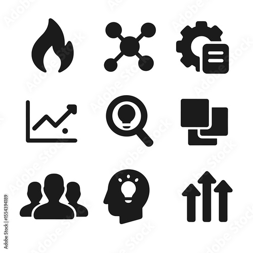 Innovation Process Icons. Solid, filled icons set of innovation process: spark icon, mind map, prototype gear,