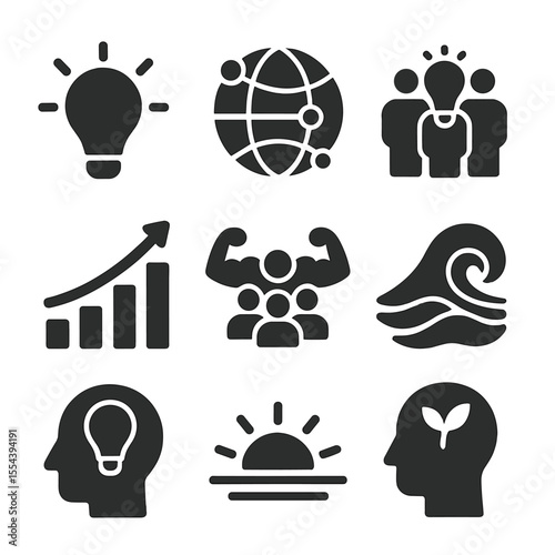 Innovation and Growth Icons. Solid, filled icons set of social innovation and growth: lightbulb icon,