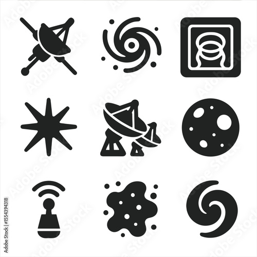 Interstellar Mission Icons. Solid, filled icons set of interstellar missions: deep space probe, galaxy icon,