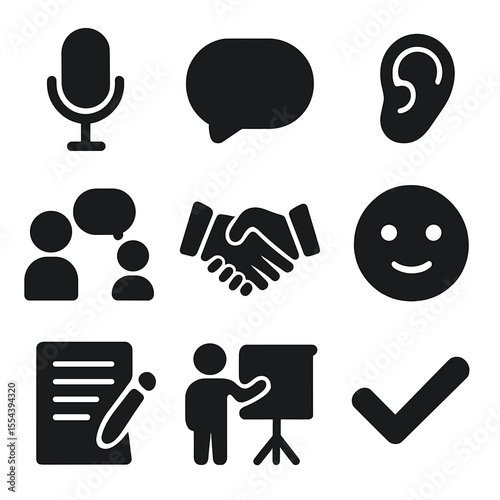 Interview Icons Grid. Solid, filled icons set of interview and communication skills: microphone icon, speech