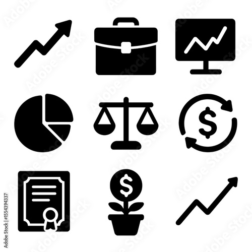 Investment Strategy Icons. Solid, filled icons set of investment strategy: growth arrow, portfolio case, stock