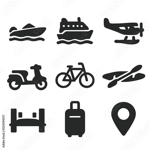 Island Transport Icons. Solid, filled icons set of island transport methods: speedboat, ferry, seaplane,
