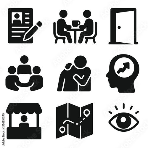 Job Recovery Icons. Solid, filled icons set of job loss recovery: resume update, coffee meeting, opportunity