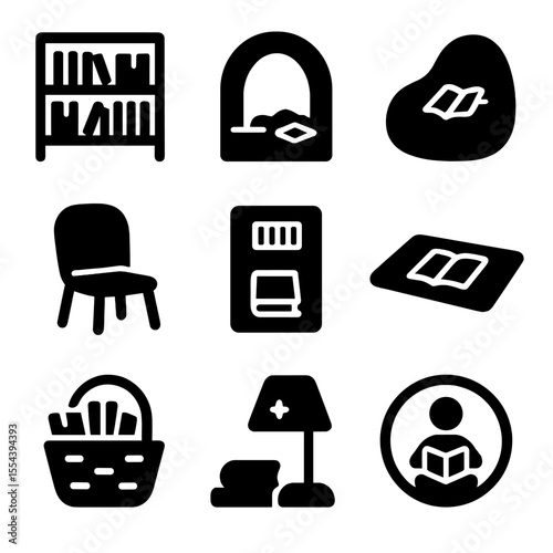 Kids Reading Icons. Solid, filled icons set of reading spaces for kids: library shelf, reading nook, child’s