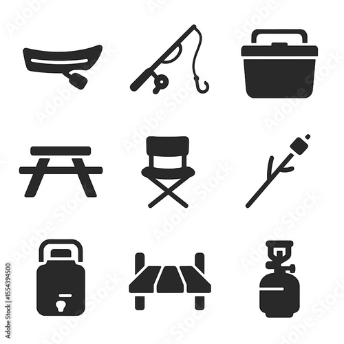 Lakeside Picnic Icons. Solid, filled icons set of lakeside picnic elements: rowboat, fishing rod, cooler box,