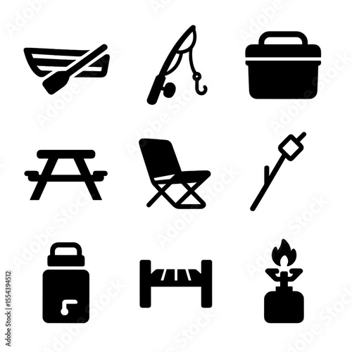 Lakeside Picnic Icons. Solid, filled icons set of lakeside picnic elements: rowboat, fishing rod, cooler box,