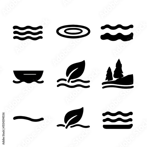 Lakeside Icons Set. Solid, filled icons set of lakeside calm and peaceful water: calm lake, soft ripple,