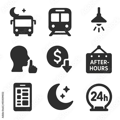 Late-Night Transit Icons. Solid, filled icons set of late-night and off-peak transit: night bus, empty train