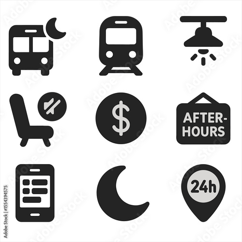 Late-Night Transit Icons. Solid, filled icons set of late-night and off-peak transit: night bus, empty train