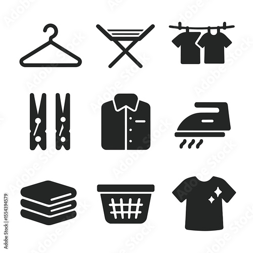 Laundry Icon Set. Solid, filled icons set of laundry drying: hanger, drying rack, clothesline, clothespins,