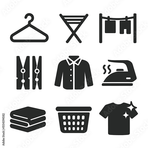 Laundry Icon Set. Solid, filled icons set of laundry drying: hanger, drying rack, clothesline, clothespins,