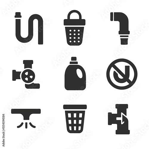 Laundry System Icons. Solid, filled icons set of laundry drain systems: washing machine pipe, lint trap, hose