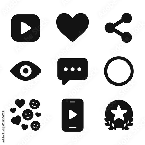 Live Social Media Icons. Solid, filled icons set of live social media events: platform logo icon, heart