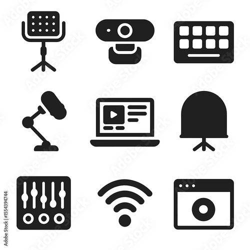 Livestream Tech Icons. Solid, filled icons set of livestream tech setup: lighting rig, mounted webcam, stream