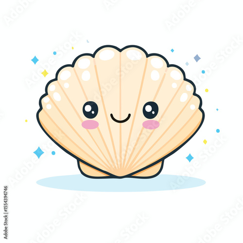 Minimal Flat Vector of Cute Seashell with Bold Black Outline Happy Expression No Gradient