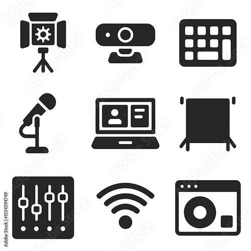 Livestream Tech Icons. Solid, filled icons set of livestream tech setup: lighting rig, mounted webcam, stream