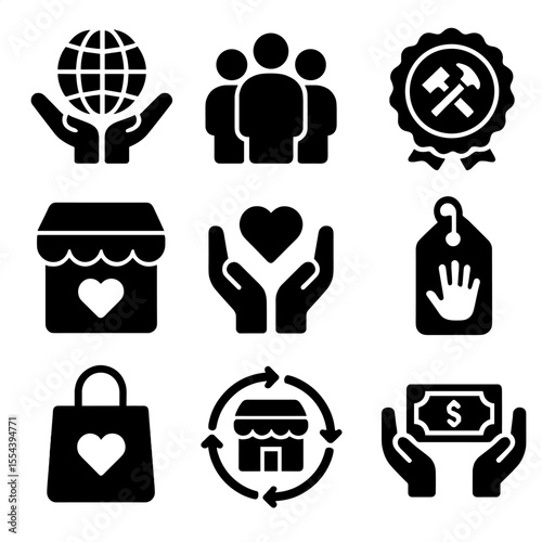 Local Makers Icons. Solid, filled icons set of supporting local makers: fair trade icon, community icon,