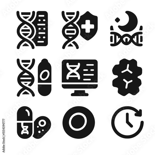 Long-Term Survival Genomics Icons. Solid, filled icons set of long-term survival genomics: epigenetic code