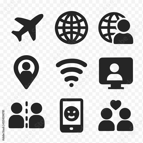 Long-Distance Friendship Icons. Solid, filled icons set of long-distance friendships and social apps: airplane