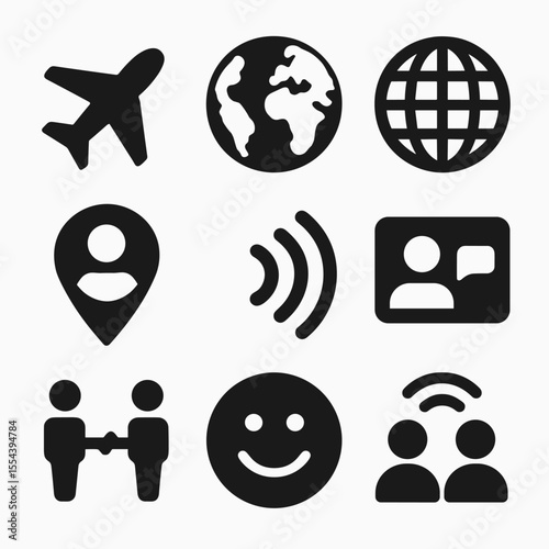 Long-Distance Friendship Icons. Solid, filled icons set of long-distance friendships and social apps: airplane
