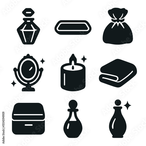 Luxury Vanity Icons. Solid, filled icons set of luxury vanity items: crystal bottle, golden tray, silk pouch,