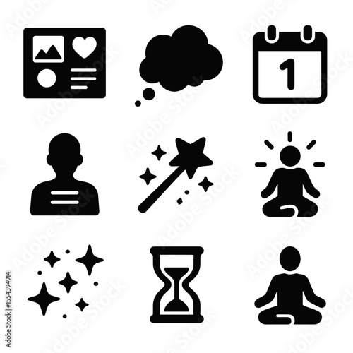 Manifestation Icons Grid. Solid, filled icons set of manifestation practice: vision board, thought bubble,