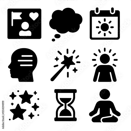 Manifestation Icons Grid. Solid, filled icons set of manifestation practice: vision board, thought bubble,