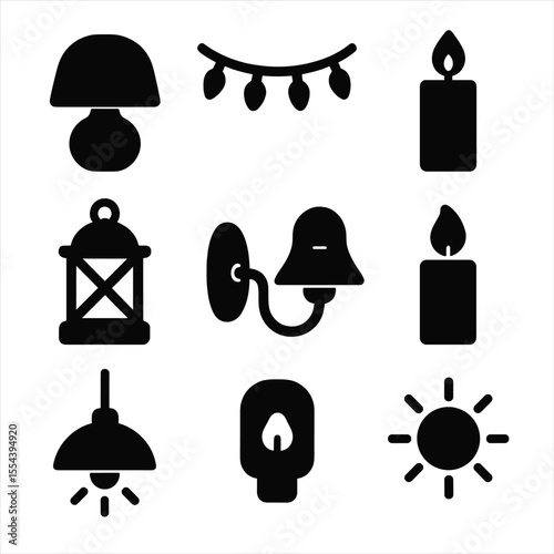 Mantel Lighting Icons. Solid, filled icons set of mantel lighting ideas: soft glow lamp, string lights, pillar