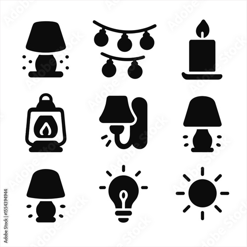 Mantel Lighting Icons. Solid, filled icons set of mantel lighting ideas: soft glow lamp, string lights, pillar
