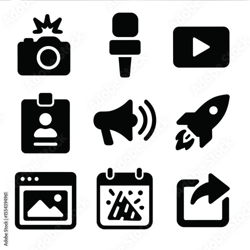 Media Icons Grid. Solid, filled icons set of media coverage and PR: camera flash, interview mic, video icon,