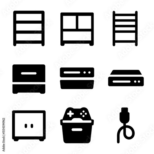 Media Storage Icons. Solid, filled icons set of multi-use media storage: stacked shelves, open compartments,