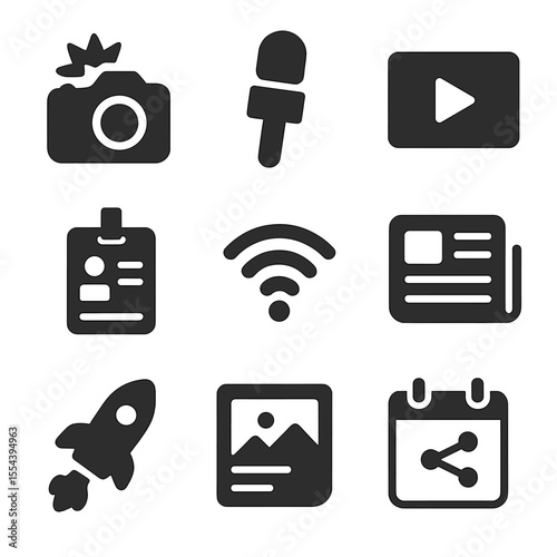 Media Icons Grid. Solid, filled icons set of media coverage and PR: camera flash, interview mic, video icon,