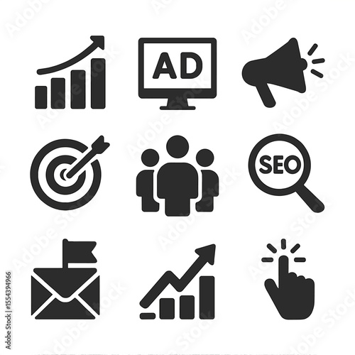 Marketing Strategy Icons. Solid, filled icons set of marketing and content strategy: chart icon, digital ads,