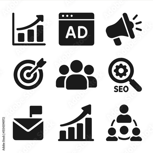 Marketing Strategy Icons. Solid, filled icons set of marketing and content strategy: chart icon, digital ads,