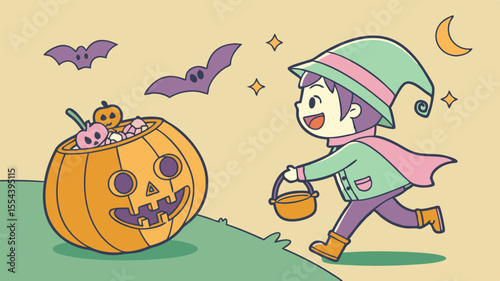 Adorable Halloween Witch Trick-or-Treating with Candy Pumpkin