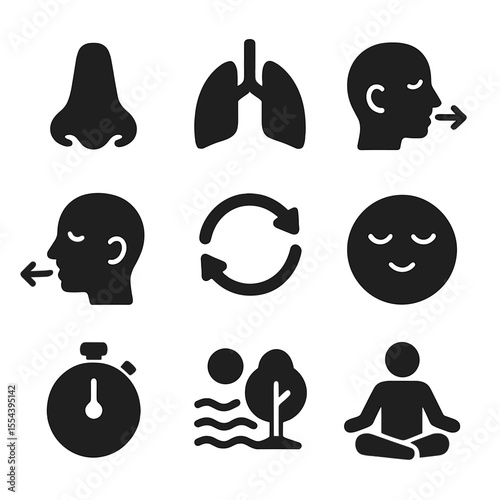 Mindful Breathing Icons. Solid, filled icons set of mindful breathing exercises: nose, lungs, deep inhale,