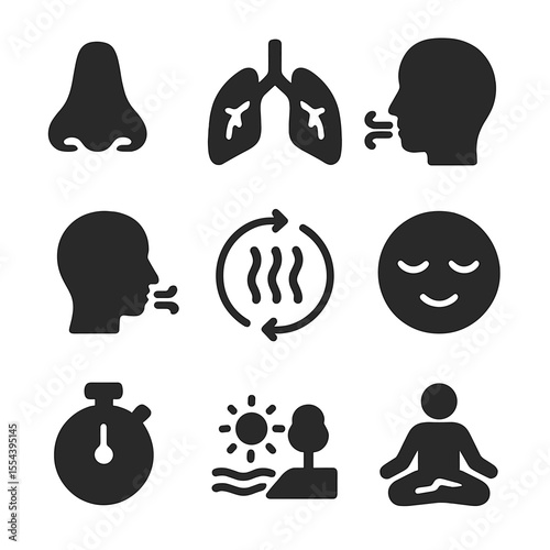 Mindful Breathing Icons. Solid, filled icons set of mindful breathing exercises: nose, lungs, deep inhale,