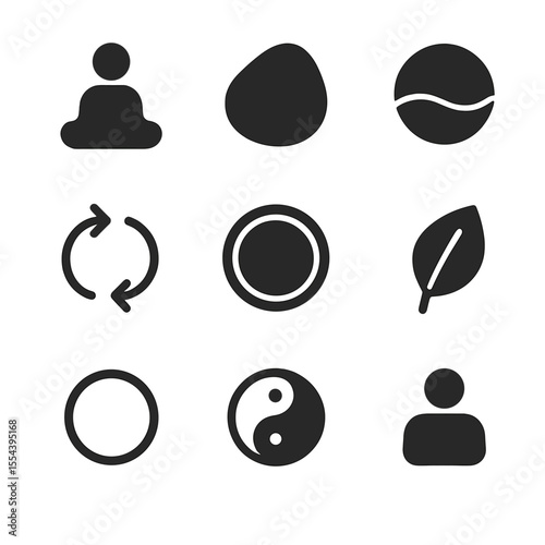 Mindful Icon Collection. Solid, filled icons set of mindful brand identity: calm logo, natural shape, soft