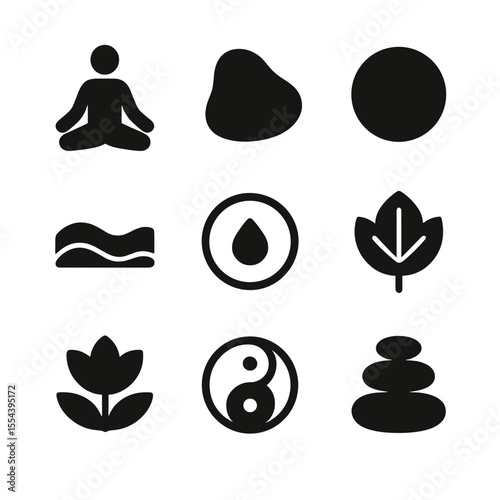 Mindful Icon Collection. Solid, filled icons set of mindful brand identity: calm logo, natural shape, soft