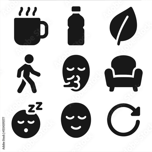 Mindful Break Icons. Solid, filled icons set of daily breaks and mindful pauses: coffee mug, water bottle,