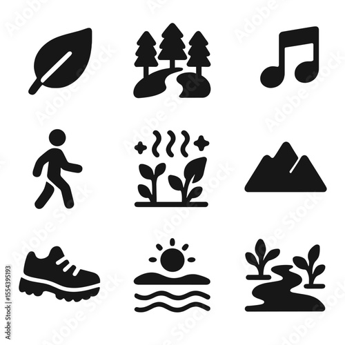 Mindful Nature Icons. Solid, filled icons set of mindful walking and nature connection: leaf icon, forest path