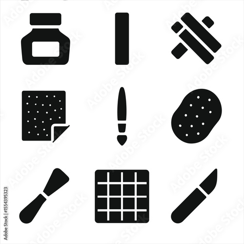Mixed-Media Art Tools. Solid, filled icons set of mixed-media art supplies: ink bottle, charcoal stick,